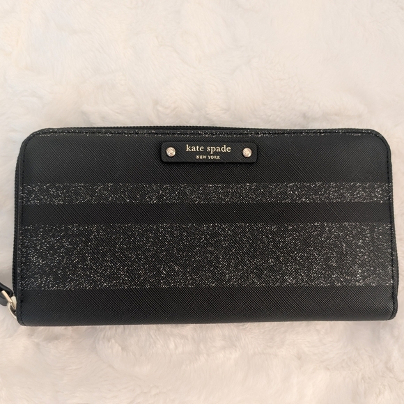 Kate Spade Large Leather Zippy Wallet Black w/Silver Glitter Stripes - Picture 1 of 7